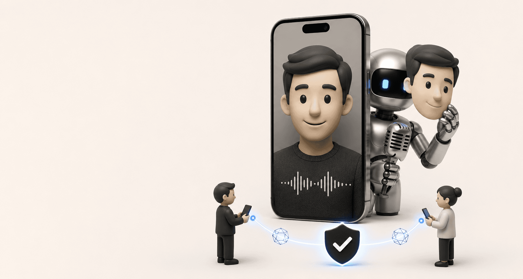 A caller's familiar face on a phone screen with a synthetic double behind it, while two people confirm each other over a separate verified link.